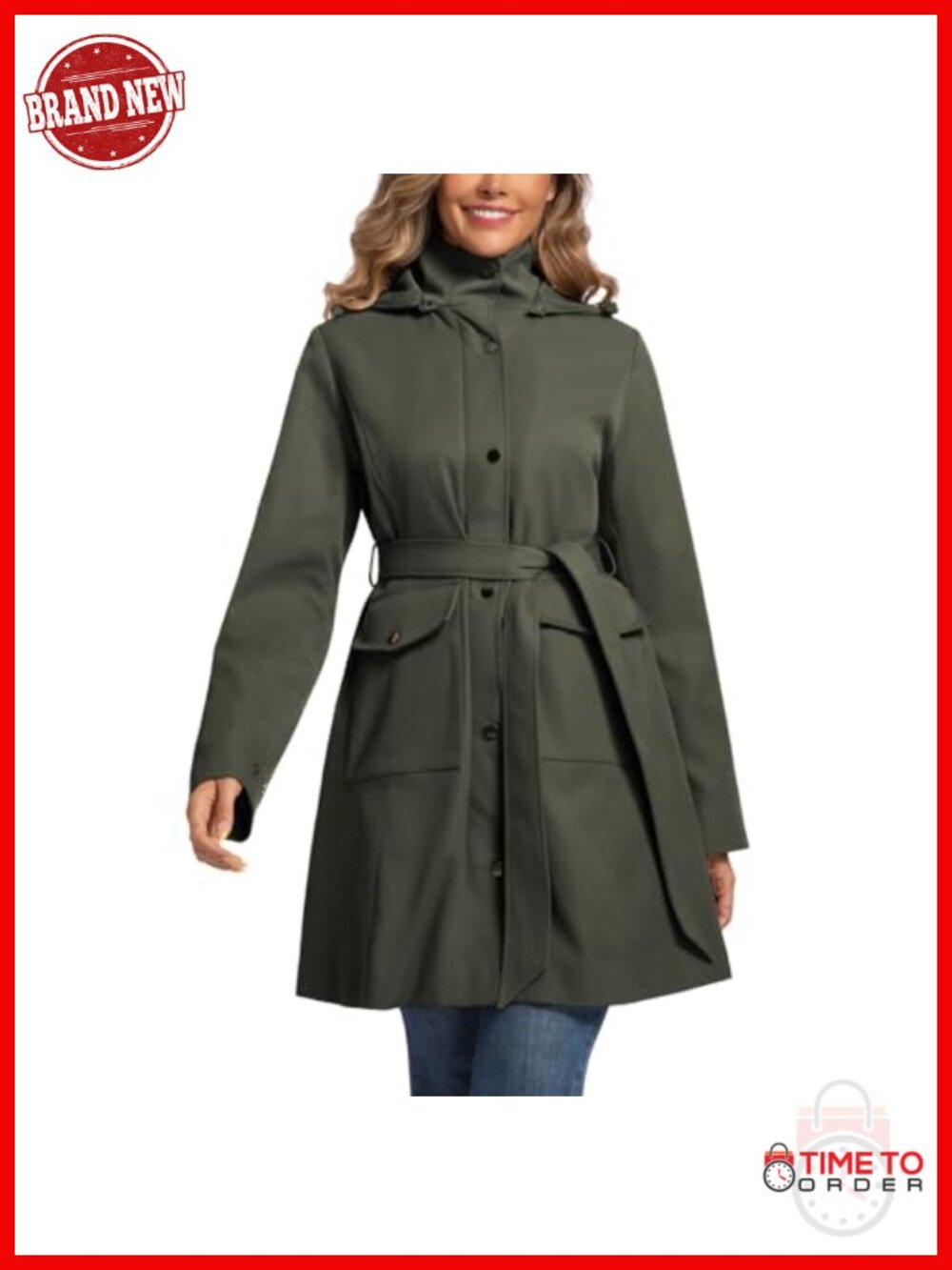 Women's Hooded Trench Coat Water Resistant Windbreaker Long Rain Jacket